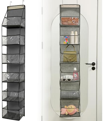 YqsIbth Over Door Storage Organiser, 6-Shelf Clear Window Pockets Organizer, Bedroom Over the Door Organiser, Behind The Door Hanging Organizer for Closet Nursery Bathroom Dorm(Grey)