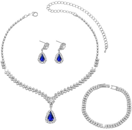 FDEETY Schmuckset Strass Halskette Armband Ohrringe Sets Prom Kostüm Schmuck Set Braut Hochzeit Party für Frauen und Mädchen(Blau)