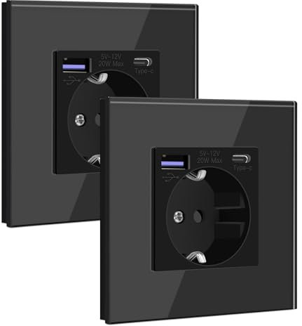 BSEED Enchufe Schuko con USB C 20W 1 Gang 2 Pack, Enchufe de Pared con USB 16A con Placa de Cristal 86 * 86mm, Negro