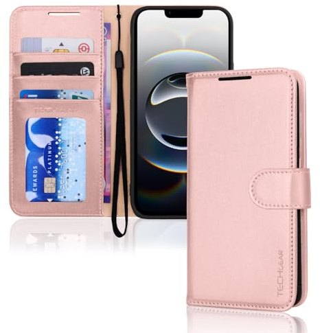 TECHGEAR iPhone 16e / 17e Leather Wallet Case with RFID Blocking, Flip Cover Card Holder, Stand & Wrist Strap - Magnetic Closure Pink PU Leather Protective Cover for iPhone 17e / 16e