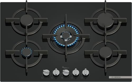 Bosch PPQ7A6I10 Serie 6, Piano cottura a gas, 75 cm, Vetro temperato, Manopole magnetiche removibili, Flame Select, Nero, Nero Vetro