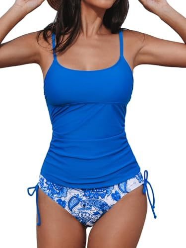 CUPSHE Tankini set för kvinnor, U-urringning, magkontroll, tankini, Mid Waist dragsko, badmode, tvådelad baddräkt, baddräkt, Kungsblå/blommor, L