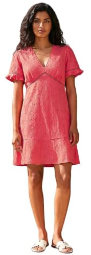 Roman Originals Embroidered Cotton Stretch Jersey Frill Dress for Women UK - Ladies Everyday Holiday Spring Summer V-Neckline Comfy Soft Evening Vacation Work Party - Coral - Size 16