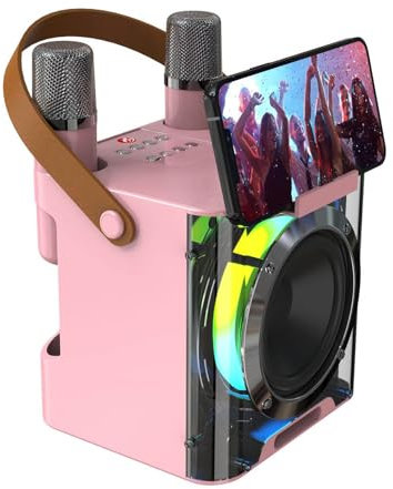 Ruspela Máquina de karaoke con 2 micrófonos inalámbricos, altavoz Bluetooth portátil para adultos para fiestas en casa compatible con TWS/REC/FM/AUX/USB/TF