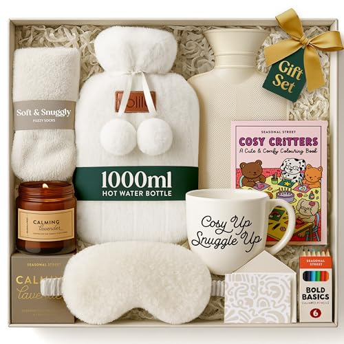 Hot Water Bottle Gift Set - Christmas Presents for Women, Includes White 1L Hot Water Bottle with Socks, Mug, Candle, Eye Mask, and Colouring Book with Pencil - Gifts for Women