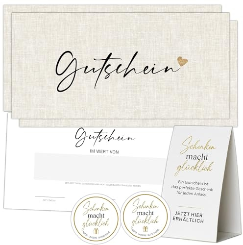Eummel Gutscheinkarten zum Selbstausfüllen (50er Set, DIN Lang) | Blanko Gutschein zum Ausfüllen als Vorlage | Inklusiv Aufsteller und Aufkleber | Gutscheinvorlagen Neutral und Edel