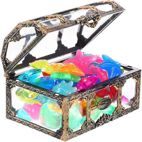 BESPORTBLE Coffre D'aventure avec Pierres Précieuses Colorées et Diamants en Plastique, Ensemble 60 Bijoux Lumineux, Jeu de Plongée pour Fête Piscine et Couleur Aléatoire Style Aléatoire