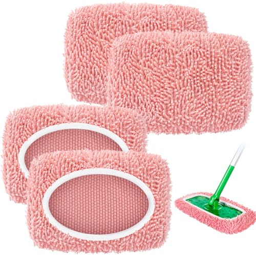 Nicemiya Juego de 4 paños húmedos para el suelo Swiffer con bolsa de lavandería, reutilizables, microfibra, ideal para mopas Swiffer Wet & Dry Starter (4 unidades, rosa)