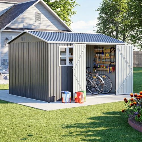 ZHOMGG 10x8FT Abris de Jardin Métal Fondation Cabanon de Rangement Spacieux | Fenêtre et 4 Aérations,Cabane Jardin Extérieur Étanche et Anti-UV,Coffre de Jardin Spacieux avec Toit Incliné et Serrure,Gris