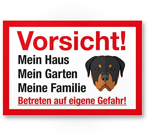 Komma Security Vorsicht Hund Mein Haus Garten Familie - Hunde Schild Hinweisschild Grundstück mehrsprachig Shepherd - Türschild Haustüre Warnschild Einbruchschutz - Achtung Rottweiler