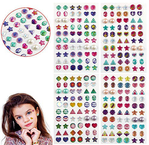 AUGSUN 240 Pièces Boucles d'oreilles Autocollantes Princesses, Autocollants Boucles d'oreilles en Strass 3D avec Perles pour Filles, Idéal pour Déguisement et Jeu de Rôle