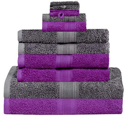 GREEN MARK Textilien 10 TLG. FROTTIER Handtuch-Set mit verschiedenen Größen 4X Handtücher, 2X Duschtücher, 2X Gästetücher, 2X Waschhandschuhe | Farbe: Anthrazit/Lila | Premium Qualität