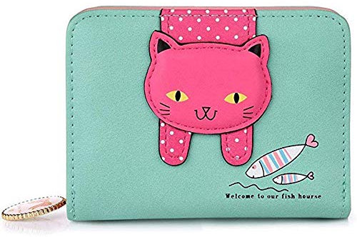 Damen Katzen Portemonnaie, Ledermaterial, Mit Reißverschluss, Dekorative Kleine Brieftasche, Kann Mitgenommen Werden, Geschenke für Mädchen (HellgrÜN)