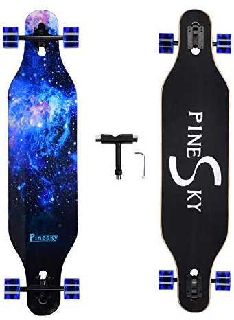 PINESKY 41 Longboard Skateboard 9-lagig Natur Ahorn Komplett Skateboard Cruiser für Cruising, Carving, Free-Style und Downhill mit T-Tool Blue Sky