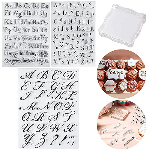 Brief-Alphabet-Kuchen-Stempelwerkzeug Keksstempelformen Fondant-Okie-Stempel Großbuchstaben Kleinbuchstaben Form Set mit Stempel Untersetzer für DIY Kuchen Home Party Decor Supplies (3PCS)