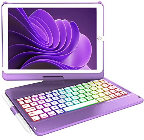 GGH Funda para iPad de 9ª generación con teclado, retroiluminación de 10 colores para iPad de 10.2 pulgadas, 9ª/8ª/7ª/Air 3/Pro de 10.5 pulgadas, funda protectora giratoria de 360° con soporte para