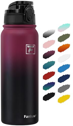 Fanhaw Botella de agua aislada de acero inoxidable de 20 onzas con 1 tapa (tapa Chug), para niños, mujeres, hombres, a prueba de fugas y sudor, con tapa antipolvo (rojo negro)