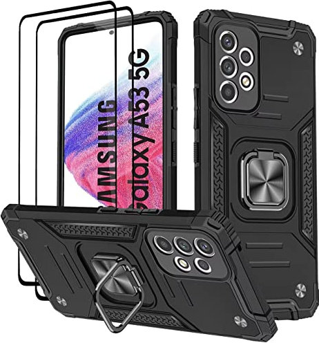 KANSi Cover per Samsung Galaxy A53 5G, Vetro Temperato [2 Pack] Custodie Silicone TPU 360° Rotante Anello Magnetica Anello Ring Supporto Bumper - Nero