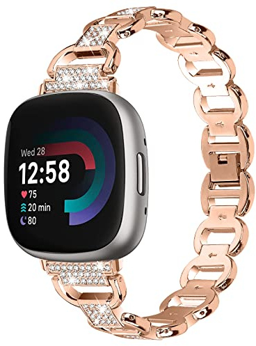 Chofit Straps Compatible with Fitbit Versa 4/Sense 2 Strap, Bling Rhinestone Band Replacement Metal Bracelet Wristbands for Sense 2/Versa 4 (Rose Gold)