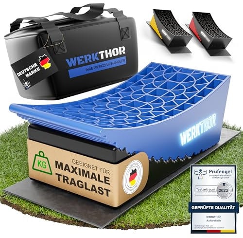 WERKTHOR Auffahrkeile – [2er Set] bewährte Auffahrkeile für Wohnmobil, Wohnwagen & Anhänger | kinderleichtes & Stufenfreies Nivellieren [<13,5t] – Für jeden Untergrund | inkl. Transporttasche