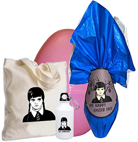 Idea Regalo Uovo di Pasqua Mercoledì Addams con borraccia shopper in tessuto e guscio set regalo pasqua 2023 cioccolato e gadget per bambini e ragazzi (Guscio Rosa)