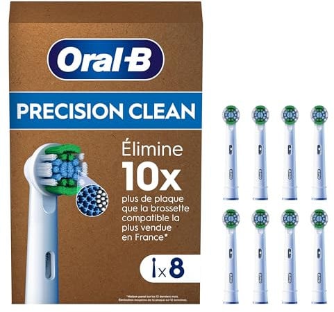 Oral-B Pro Lot De 8 Brossettes De Rechange Précision Clean, AUTHENTIQUES, Blanches, 3 Types De Filaments Et Tête Ronde Pour Un Nettoyage Précis, Embouts Pour Brosses A Dents Electriques Oral B Pro
