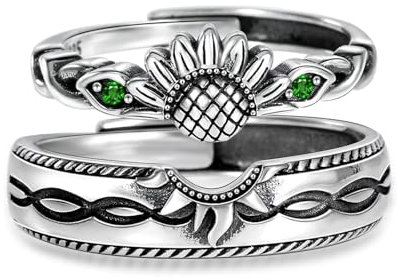 Vxddy Paar Ringe Sonnenblume Smaragd Eheringe Hochzeitsringe Versprechen Paare Ring Passende Ihn und Sie Schmuck Sterling Silber Einstellbar Heiraten Valentinstag Geschenke