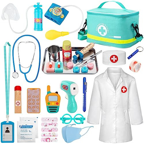 Sundaymot Kids Doctors Wooden Kit, 34 Pcs, with Real Stethoscope, Portable Doctors Bag, Pretend Role Play Medical Kit Toys for 3-6 Year Old Toddlers