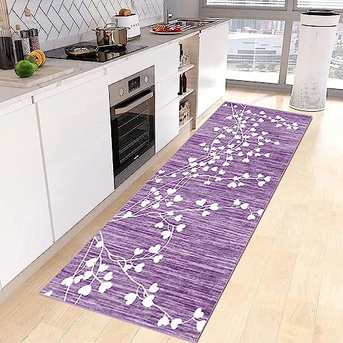 Siunwdiy Teppich Läufer Flur Vintage Blumenmuster Küchen 40x120cm Lila Lang Waschbar Küchenteppich rutschfest Teppichläufer Meterware Schlafzimmer Korridor 40-140cm Breit, Anpassbare Größe