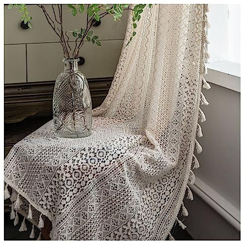 Mesnt Halbtransparente Gardinen Vorhänge, Gestrickte Spitzenmuster Vorhänge halbtransparent für Bauernhaus Fenster aus Nylon Baumwolle, Beige-Haken, 150x260CM-2 STÜCK