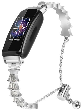 Kompatibel mit Fitbit Inspire 2 Damen-Bändern, verstellbar, eleganter Stil, Edelstahl, Metall mit Diamanten, Armbänder kompatibel mit Fitbit Inspire HR & Inspire Bands Damen (Inspire 2, Silber)