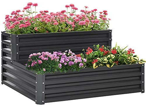 Outsunny 2 Tier Galvanised Raised Garden Bed Planter Box Open Bottom Dark Grey