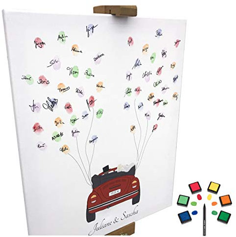 KATINGA Personalisierte Leinwand für Fingerabdrücke - Verschiedene Motive & Größen (Auto rot, 40x50cm)