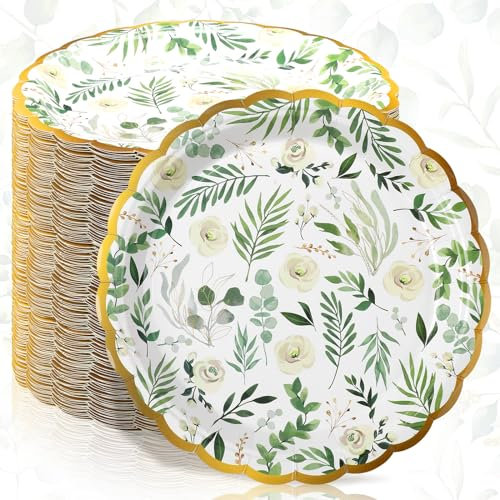 Fuyoooo 60 Pcs Eucalyptus Paper Plates 7 Inch Green/White Leaves Flowers Disposable Dinner Party Plates