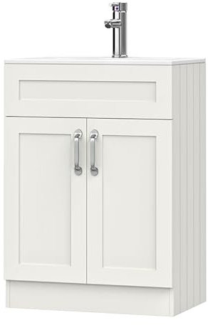 BELOFAY Crawley White 600mm Floor Standing Bathroom Vanity Unit With Basin - Laquered Cloakroom Vanity Unit with 1 Tap Hole Ceramic Basin and Soft Close Hinges. (WASTE INCLUDED)