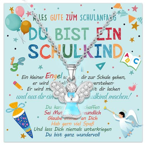 Humairc Einschulung Geschenk Jungen Mädchen Schutzengel Halskette 2025 Schulkind Schultüte Füllung Schutzengel Geschenk Schulanfang Glücksbringer Plus Grußkarte Geschenkbox (Blau)
