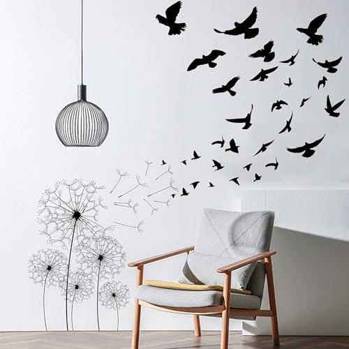 GHELKUC Pusteblume Wandtattoo,Schwarze Vögel Fliegen im Wind Wandaufkleber Löwenzahn Entfernbarer Wandsticker DIY Wohnzimmer Schlafzimmer Vorraum Flur Fenster
