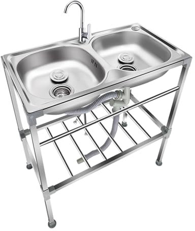 Outdoor Spülbecken 2 Becken Edelstahl Küchenspüle Doppelbecken kommerzielle Außenspüle Multifunktions waschtisch Spültisch Mobile Spüle Für Wäsche Garten Camping (75x40x83cm)