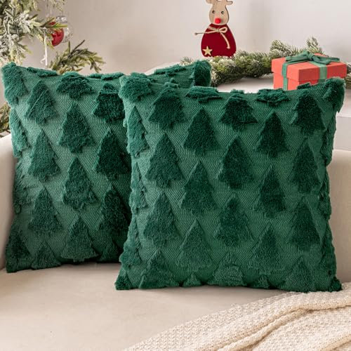 MIULEE Weihnachten Kissenbezug Weihnachtstag 2er Set Kurz Wolle und Samt Kissenbezüge Deko Luxuriöses Winter Zierkissenbezug für Sofa Schlafzimmer Wohnzimmer, Weihnachtsbaum, Dunkelgrün, 45x45cm