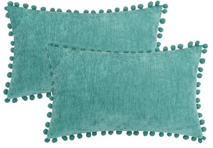 HWY 50 Chenille Kissenbezüge mit Pompons Teal 30x50 cm 2er Set | Hochwertige Weiche und Kuschelige Kissenhüllen im Modernen Stil, Dekorative Zierkissenbezüge für Sofa Bett Wohnzimmer
