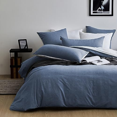 SOULFUL Housse de Couette 200x200 Coton, Denim Bleu Ensembles de Housse de Couette avec Fermeture Éclair, 100% Coton Lavé, Texture Lin, Parure de Lit 200x200 Coton avec 2 Taie d'oreiller 65x65 cm
