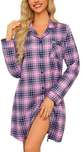 ENJOYNIGHT Damen Flanell Nachthemd Langarm Schlafshirt Knopfleiste Nachtwäsche Kurz S-XXL(X-Large,Lila)