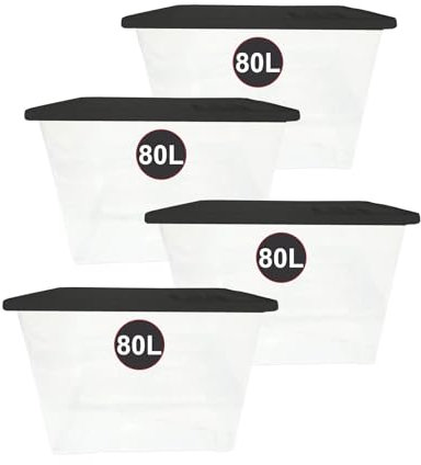 KARAVI 80L Large Plastic Storage Boxes with Black Lids (Pack of 4) – Heavy Duty BPAFree Containers for Home, Garage, Moving, Attic & Office Organization - 80 Litres Stackable Storage Boxes