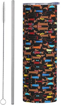 Juego de dos piezas de 20 onzas de acero inoxidable con diseño de perro salchicha, taza con tapa, ideal para cafetería, oficina, coche, deportes, botella de agua aislada