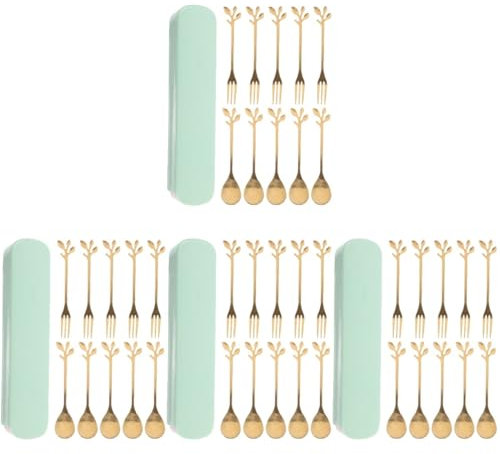 ABOOFAN 4 Juegos tenedor de fruta de acero inoxidable kitchen gadgets faqueiro cutlery set placa giratoria cuchara equipo tenedor largo de ensalada reutilizable el plastico Golden