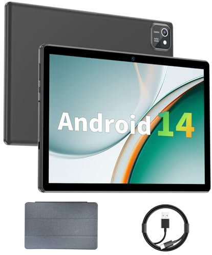 Tableta de 10 pulgadas Android 14 tabletas, 6 GB de RAM, 64 GB de ROM 1 TB expandido, procesador de cuatro núcleos, pantalla táctil LCD de 1280 x 800, WiFi 5, cámara dual, BT5.0, batería de 6000 mAh