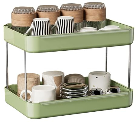 BYYLECL Tea Cup Storage, Coffee Mug Holder Large Capacity Storage with Drain Board,Kitchen Counter Shelf Organizer,Coffee Condiment Storage,Cup Lid Holder B Middle Aged Green