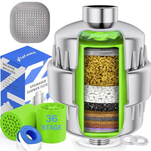 VeoryFly 36 Stage Upgraded Shower Filter with Vitamin C, High Output Showerhead Filter with 2 Replaceable Cartridges, Shower Hard Water Filter for Removing Chlorine, Heavy Metals and Other Sediments