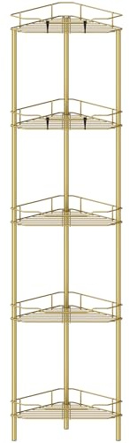 HuggieGems 5 Tier Floor Standing Corner Shower Caddy Organizer Shelf with Hooks, Bathroom Shelves Stand Rack, Gold