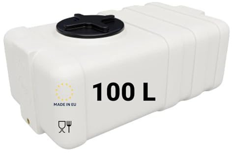 KMND Wassertank 100 Liter - PE-HD Wasserbehälter 3/4 Zoll Gewinde - lebensmittelecht PZH-Zertifiziert Regentonne Hauswasserwerk - UV-beständig flach Eckig Trinkwasser Vorrat - Weiss